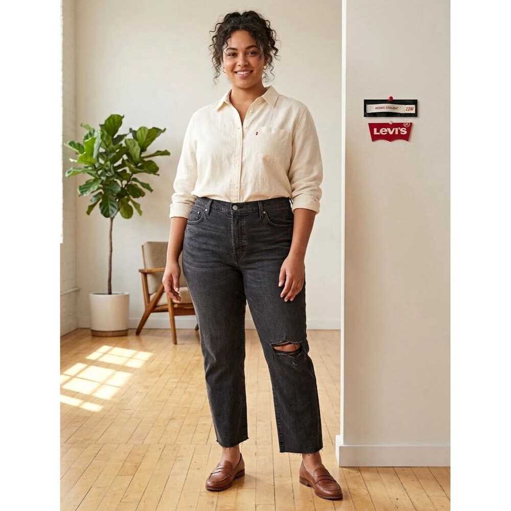 Levi's Womens Plus Size 22W Black Straight Jeans High Rise Stretch Distressed